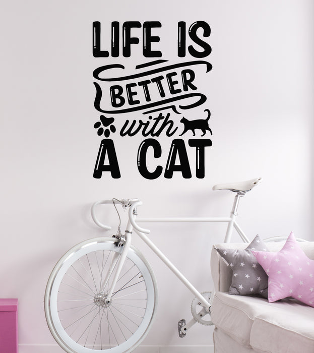 Vinyl Wall Decal  Better With Cat Funny Quote Home Words Stickers Mural (g8633)