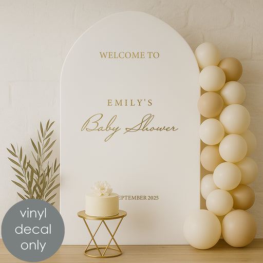 Custom baby shower vinyl decal “Welcome to Emily’s Baby Shower” with date for personalized backdrop decoration