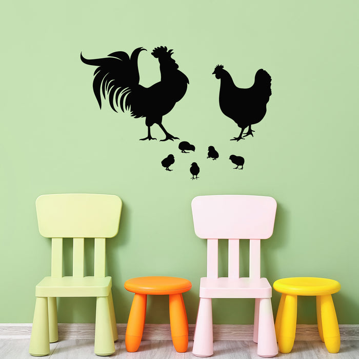 Vinyl Wall Decal Silhouettes Rooster Hen Chicks Farm Land Stickers Mural (g9464)