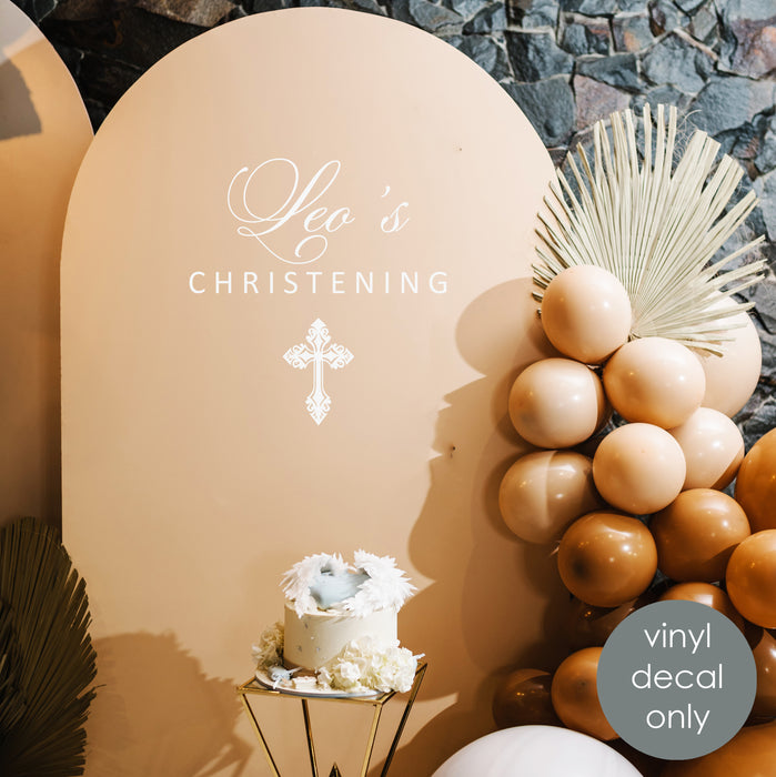 Custom Christening Vinyl Decal – Personalized Name & Cross Backdrop Decoration for Baptism w122