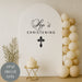 Custom christening vinyl decal “Leo’s Christening” with cross design for baptism backdrop decoration