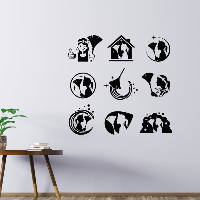 Vinyl Wall Decal Housekeeper Logo Maid Cleaning Laundry Lady House Stickers Mural (g8854)