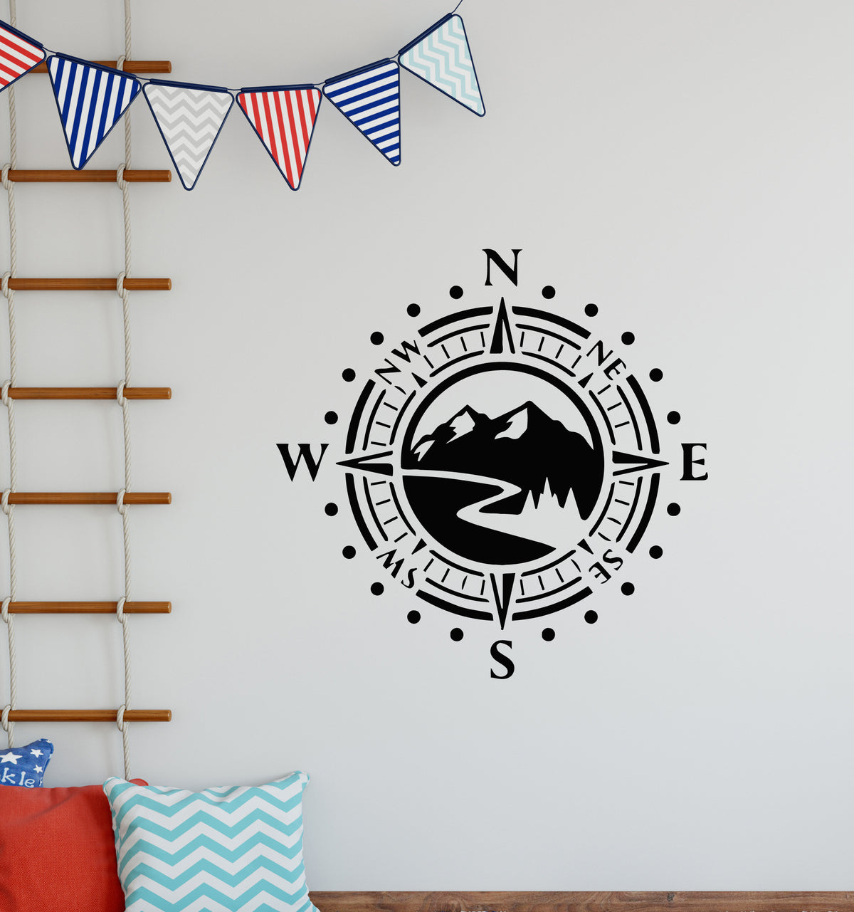 Vinyl Wall Decal Compass Adventure Awaits Mountains Windrose Stickers ...