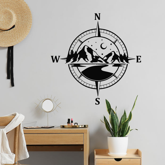 Vinyl Wall Decal Adventure Compass Icon Lake Mountains Wind Rose Stickers Mural (g8805)