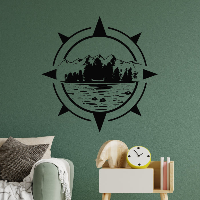Vinyl Wall Decal Mountain And Trees Compass Adventure Awaits Stickers Mural (g8806)