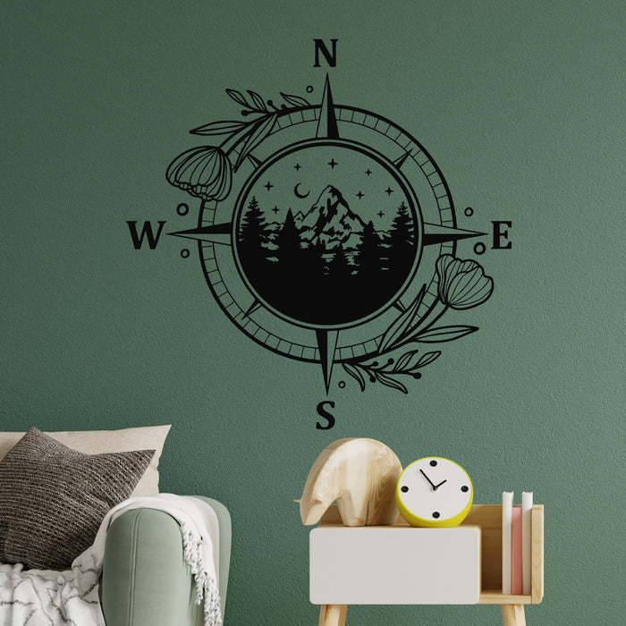 Vinyl Wall Decal Compass Trees Lake Mountain Outdoor Travel Stickers Mural (g9084)