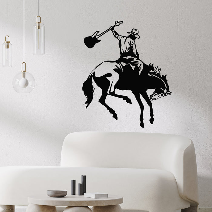 Vinyl Wall Decal Mustang Rodeo Cowboy On Horseback Electric Guitar Stickers Mural (g9525)