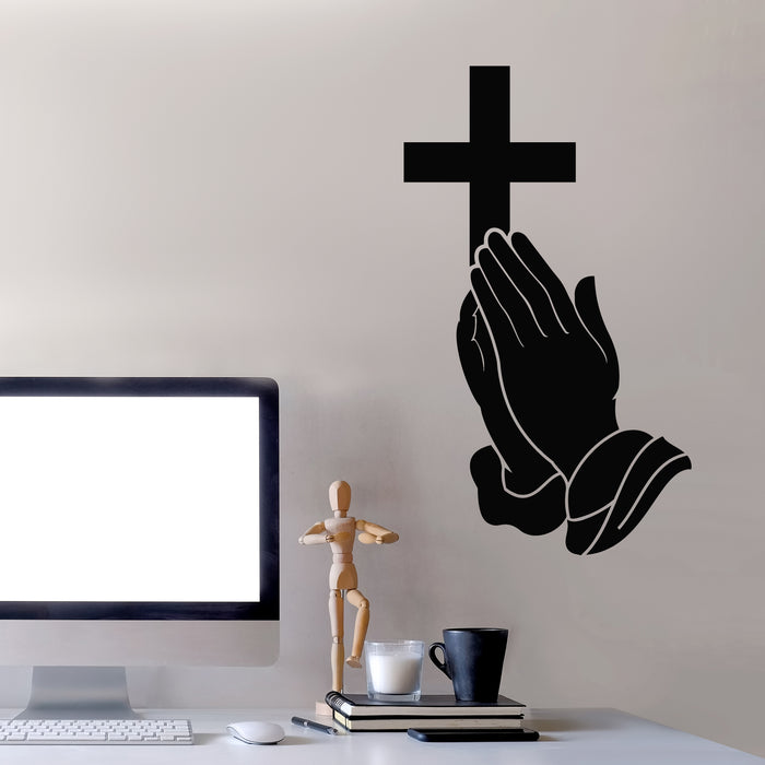Vinyl Wall Decal Praying Hand Holding Cross Religion Logo Decor Stickers Mural (g8871)