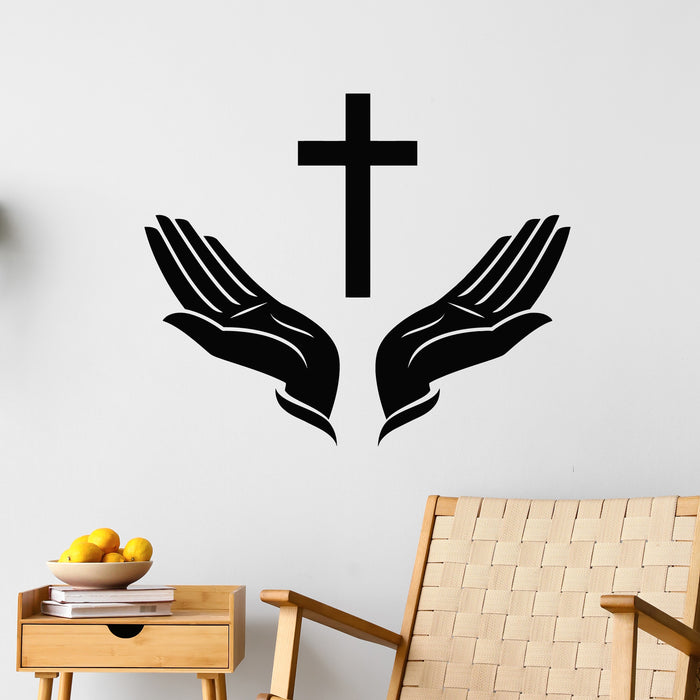 Vinyl Wall Decal Praying Hands Christian Symbol Cross Decor Stickers Mural (g9389)