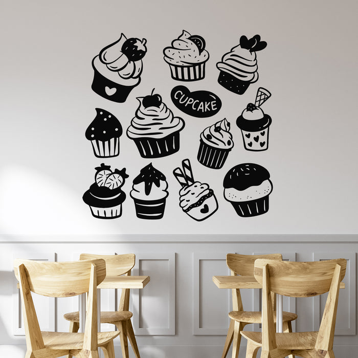 Vinyl Wall Decal Cakes Set of Cute Little Assorted Cupcakes Cafe Stickers Mural (g9810)