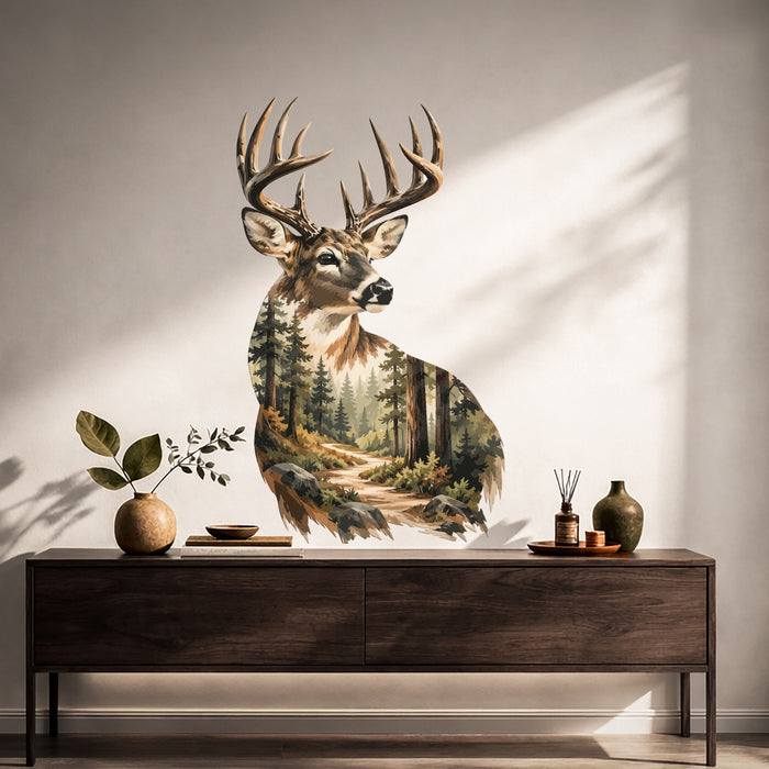 Deer forest wall decal in modern neutral interior