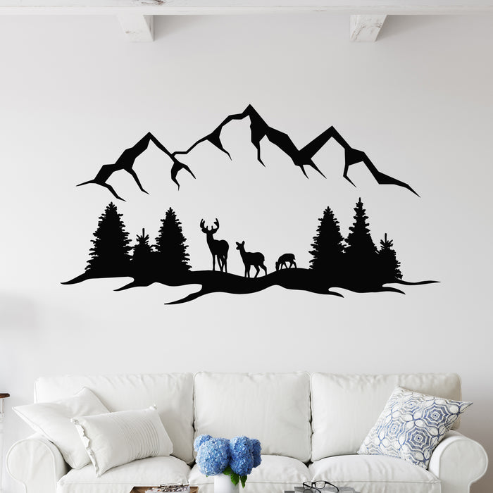 Vinyl Wall Decal Animals Deer In Wilderness Mountains Forest Stickers Mural (g9353)