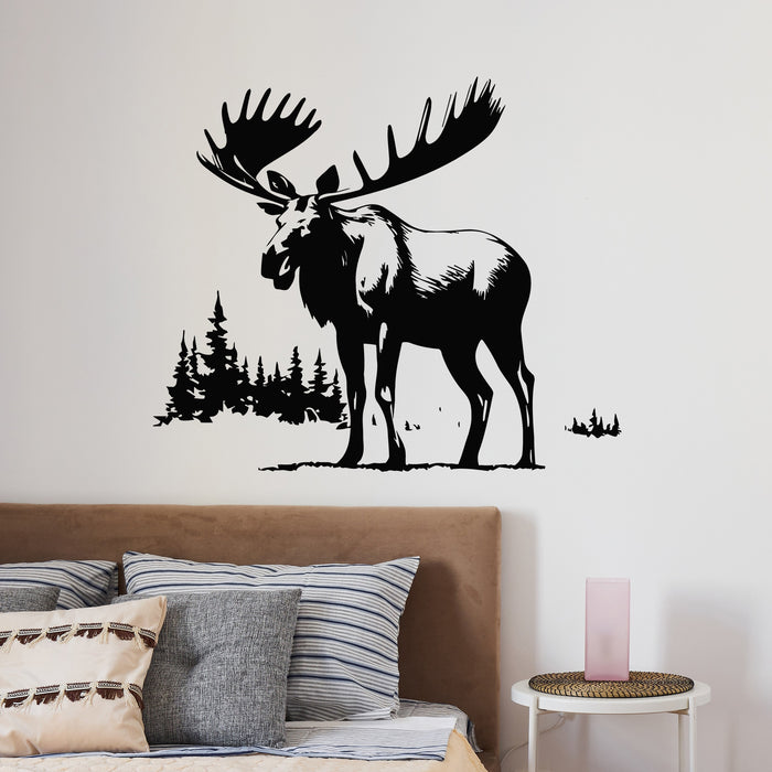 Vinyl Wall Decal Horned Elk Moose Wildlife Fir Trees Nature Stickers Mural (L042)