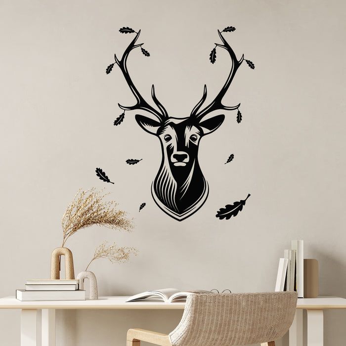 Vinyl Wall Decal Deer Head Home Interior Hunting Hobby Falling Leaves Stickers Mural (g9727)