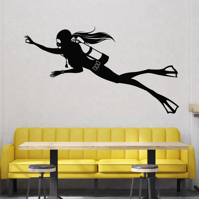 Vinyl Wall Decal Diving Decor Female Scuba Dive Side Silhouette Stickers Mural (g9735)