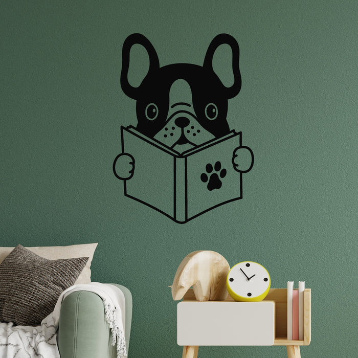 Vinyl Wall Decal French Bulldog With Open Book Reading Pet Shop Stickers Mural (g9107)