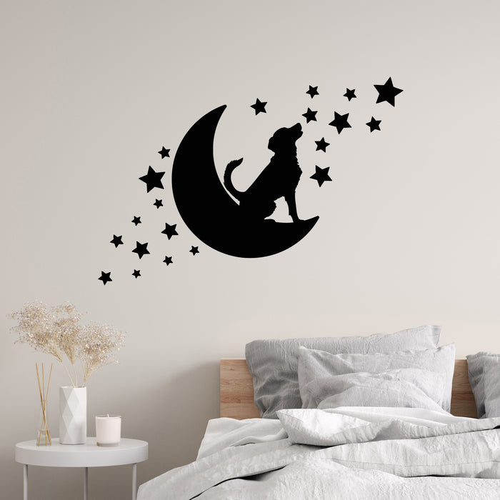 Vinyl Wall Decal Dog Silhouette Sitting On Moon Crescent Pet Shop Stickers Mural (g9498)