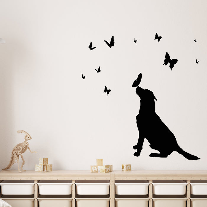 Vinyl Wall Decal Dog Silhouette With Butterflies Nursery Decor Stickers Mural (g9729)
