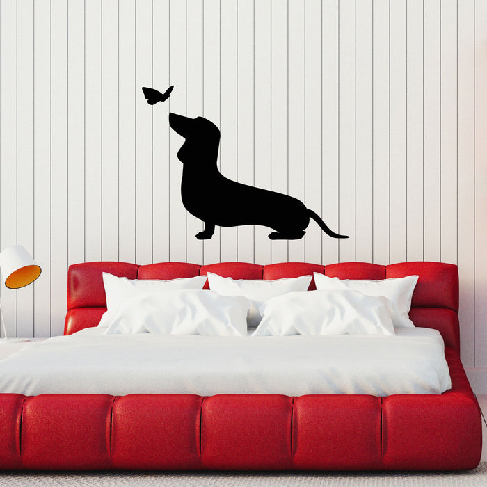 Vinyl Wall Decal Pet Grooming Logo Dog Dachshund With Butterfly Stickers Mural (g8486)