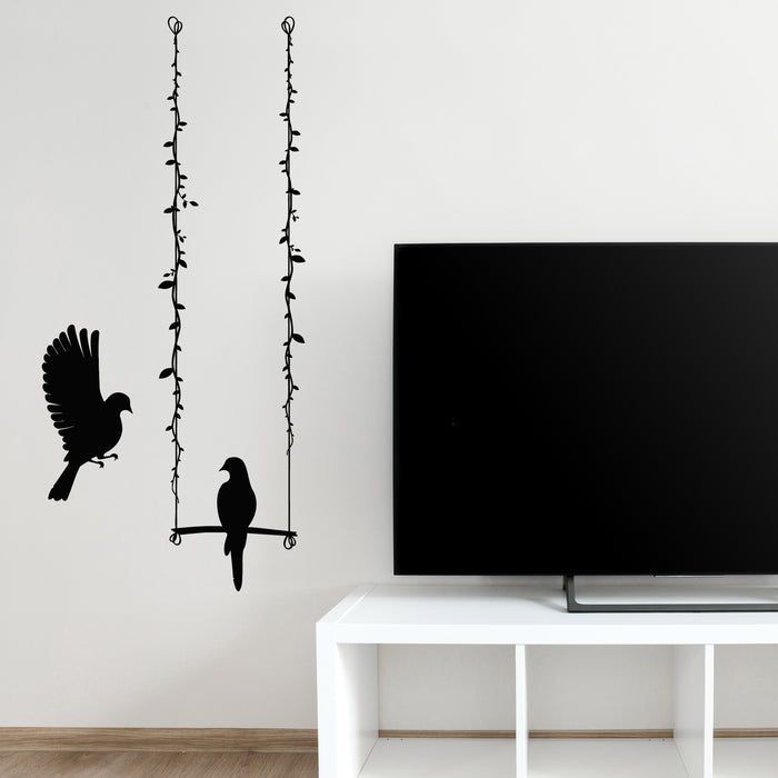 Vinyl Wall Decal Pigeons Couple Birds On Swing Dove Romance Stickers Mural (g8851)
