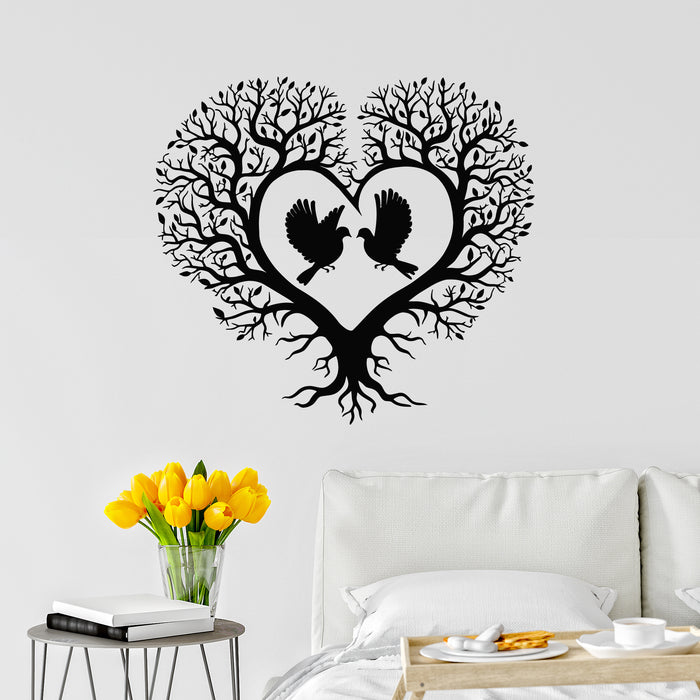 Vinyl Wall Decal Tree Branch In Shape Heart And Birds Couple Stickers Mural (g9496)