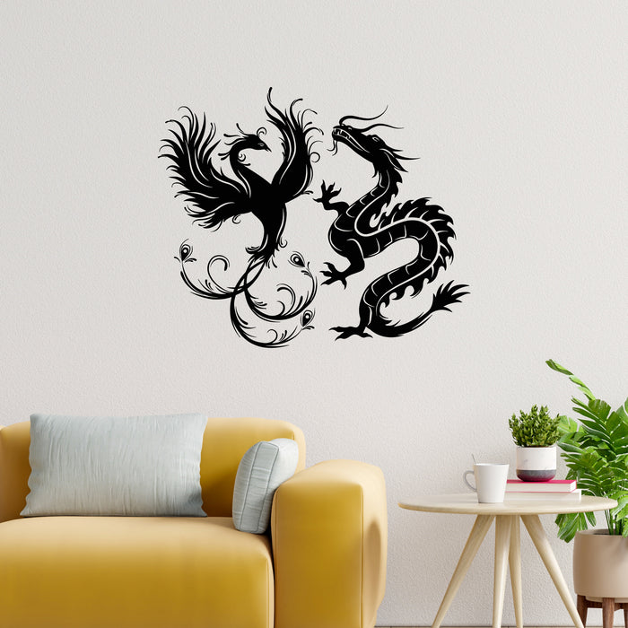 Vinyl Wall Decal Dragon Phoenix Bird Fantasy Asian Style Stickers Murals Unique Gift (ig4887)