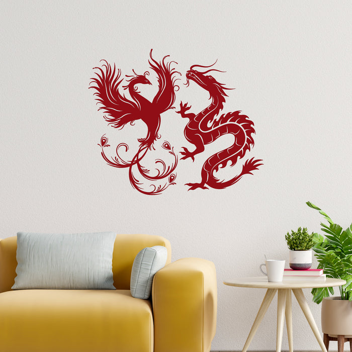 Vinyl Wall Decal Dragon Phoenix Bird Fantasy Asian Style Stickers Murals Unique Gift (ig4887)