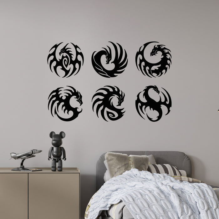 Vinyl Wall Decal Tattoo Set Round Tribal Dragon Mythology Animals Stickers Mural (g9419)