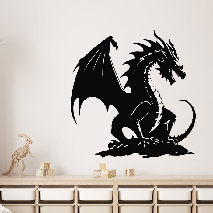 Vinyl Wall Decal Flying Dragon Silhouette With Wings Mythology Stickers Mural (L073)
