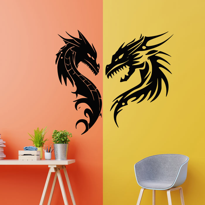 Vinyl Wall Decal Two Tribal Dragons Angry Mythology Animals Stickers Mural (g9444)