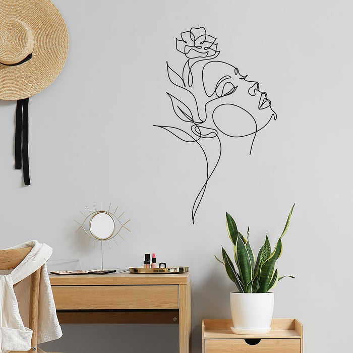 Vinyl Wall Decal One Line Drawing Beautiful Girl With Flower Stickers Mural (L051)