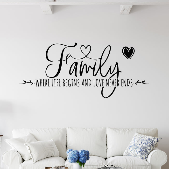 Vinyl Wall Decal Family Life Begins Love Never Ends Words Home Quote Stickers Mural (g8779)