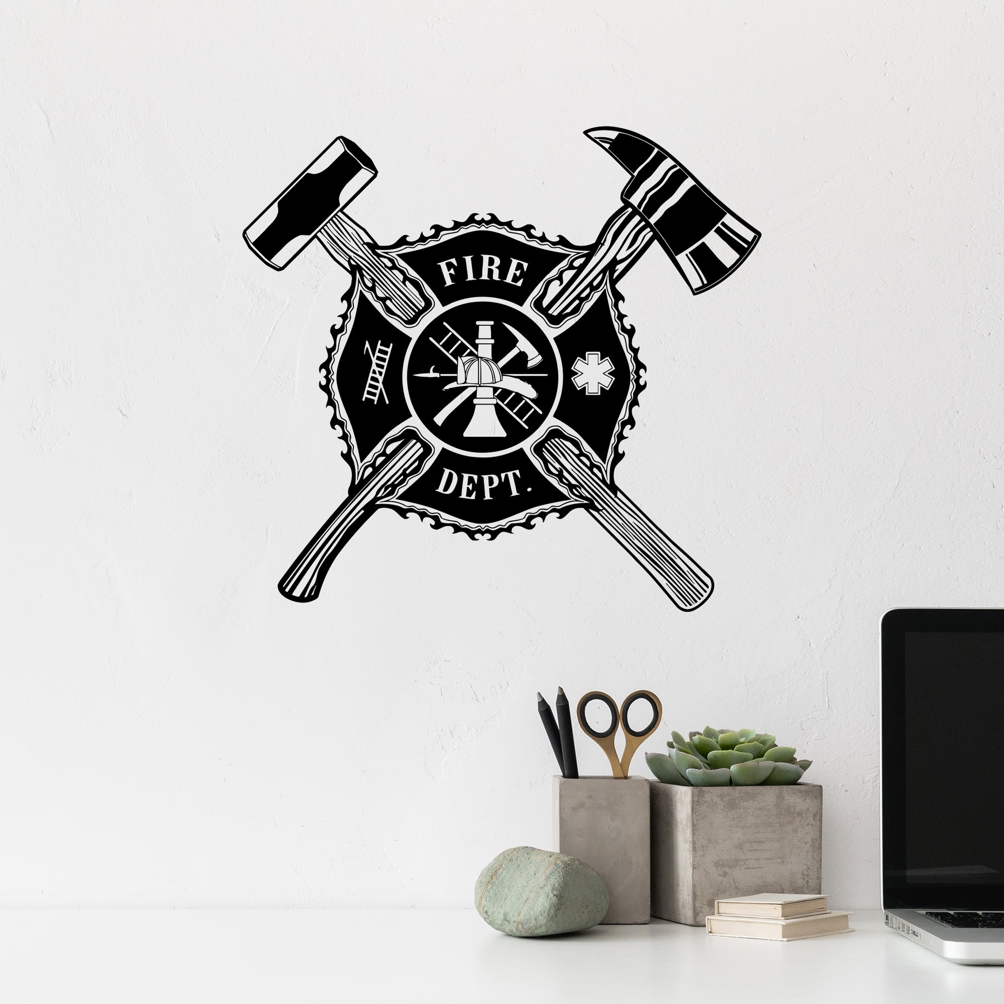 Vinyl Wall Decal Fire Dept Shield Firefighter Stickers Mural Unique Gi ...