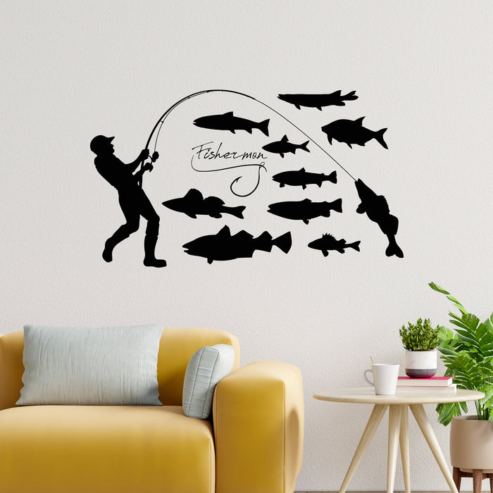 Vinyl Wall Decal Fisherman Fishing Hobby Fishes Stickers Mural Unique Gift (ig4393)