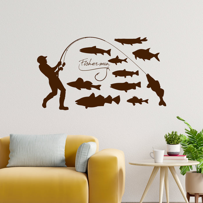 Vinyl Wall Decal Fisherman Fishing Hobby Fishes Stickers Mural Unique Gift (ig4393)