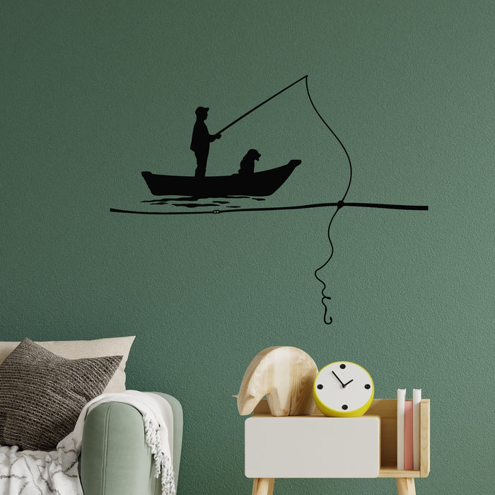 Vinyl Wall Decal Fisherman In Boat With Dog Silhouette Fishing Rod Stickers Mural (g9475)