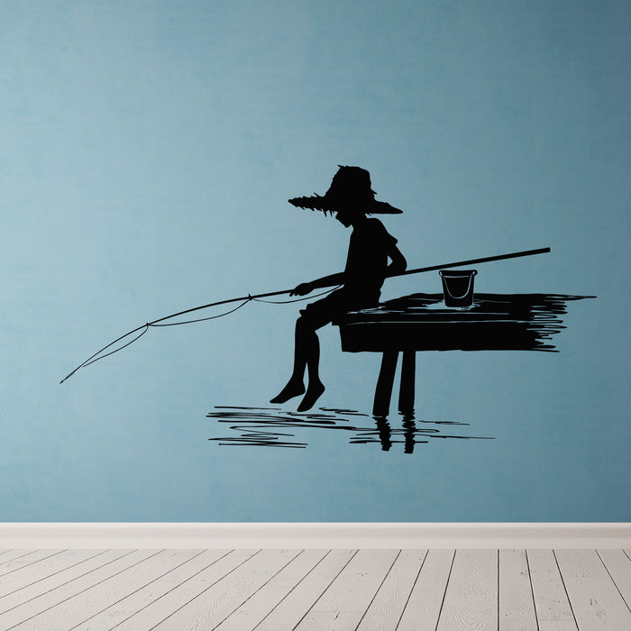 Vinyl Wall Decal Boy On Lake Shore Fisherman Silhouette Stickers Mural (g9972)