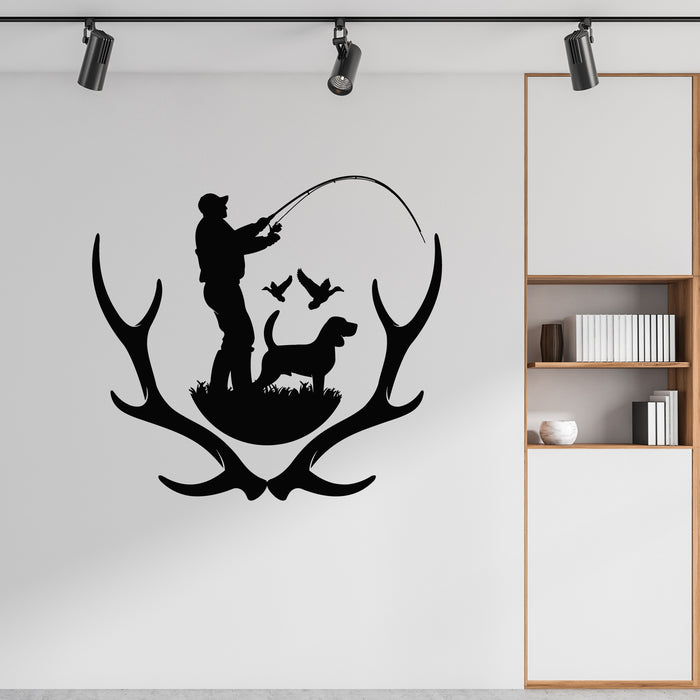 Vinyl Wall Decal Silhouette Hunter With Dog Hunting Dog Deer Antlers  Stickers Mural (g8777)