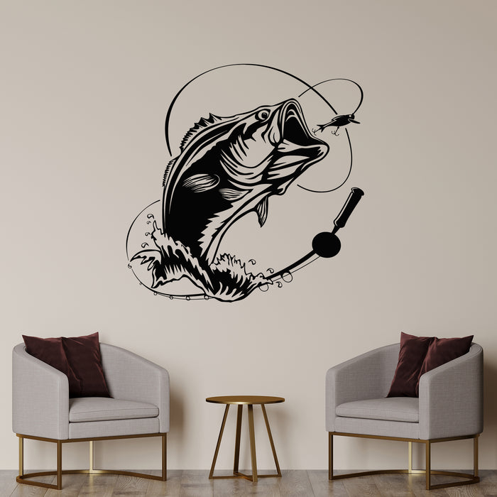 Vinyl Wall Decal Fishing Hobby Logo Bass Fish With Rod Club Stickers Mural (L086)