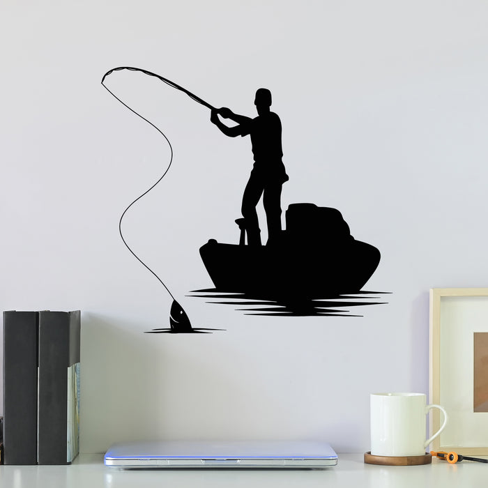 Vinyl Wall Decal Fishing Hobby Silhouette Logo Fish Catch Rod Stickers Mural (L099)