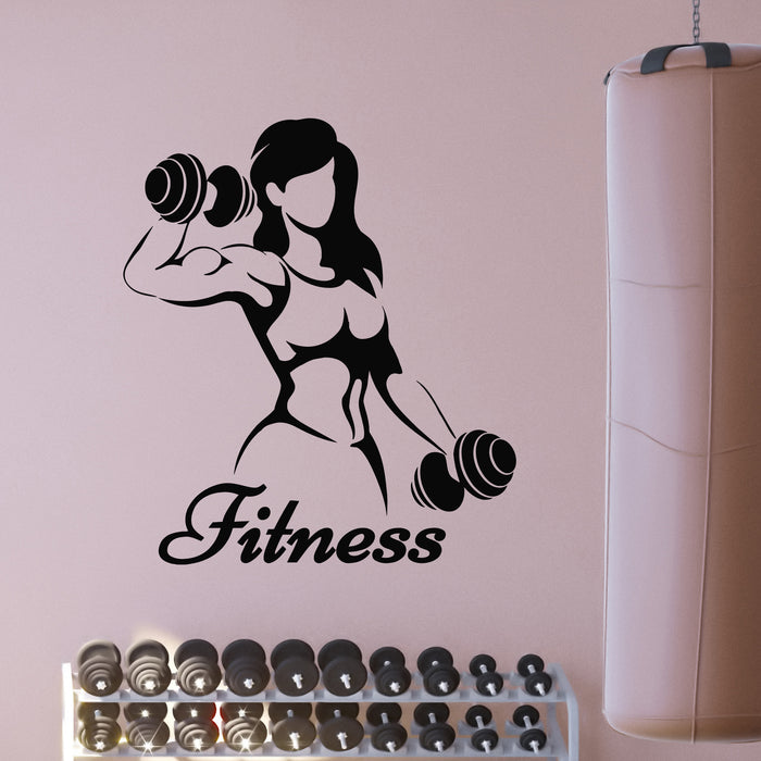 Vinyl Wall Decal Fitness Logo Girl With Dumbbells Sport Club Stickers Mural (g9225)