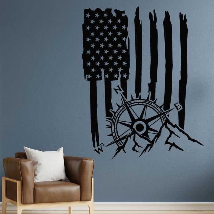 Vinyl Wall Decal Vertical American Flag Compass Mountains Stickers Mural (g9224)