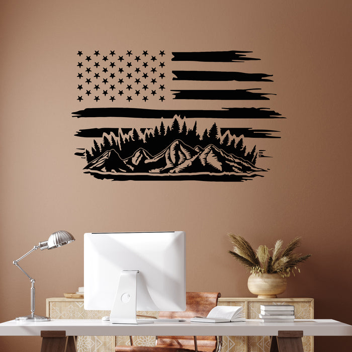 Vinyl Wall Decal Mountain Forest Landscape USA Flag Decor Stickers Mural (g9565)
