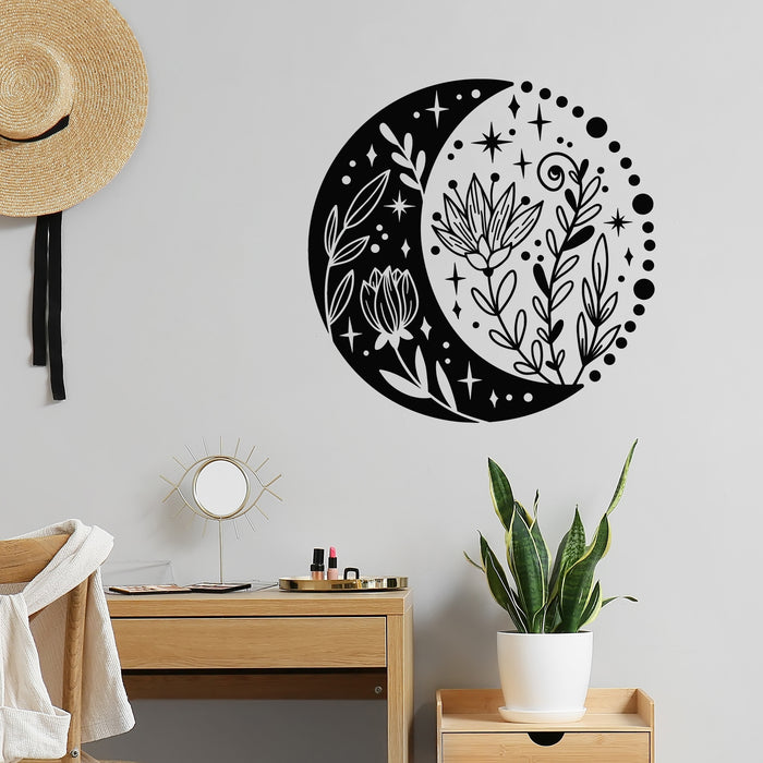 Vinyl Wall Decal Floral Crescent Moon Boho Flower Mystical Decor Stickers Mural (g8907)