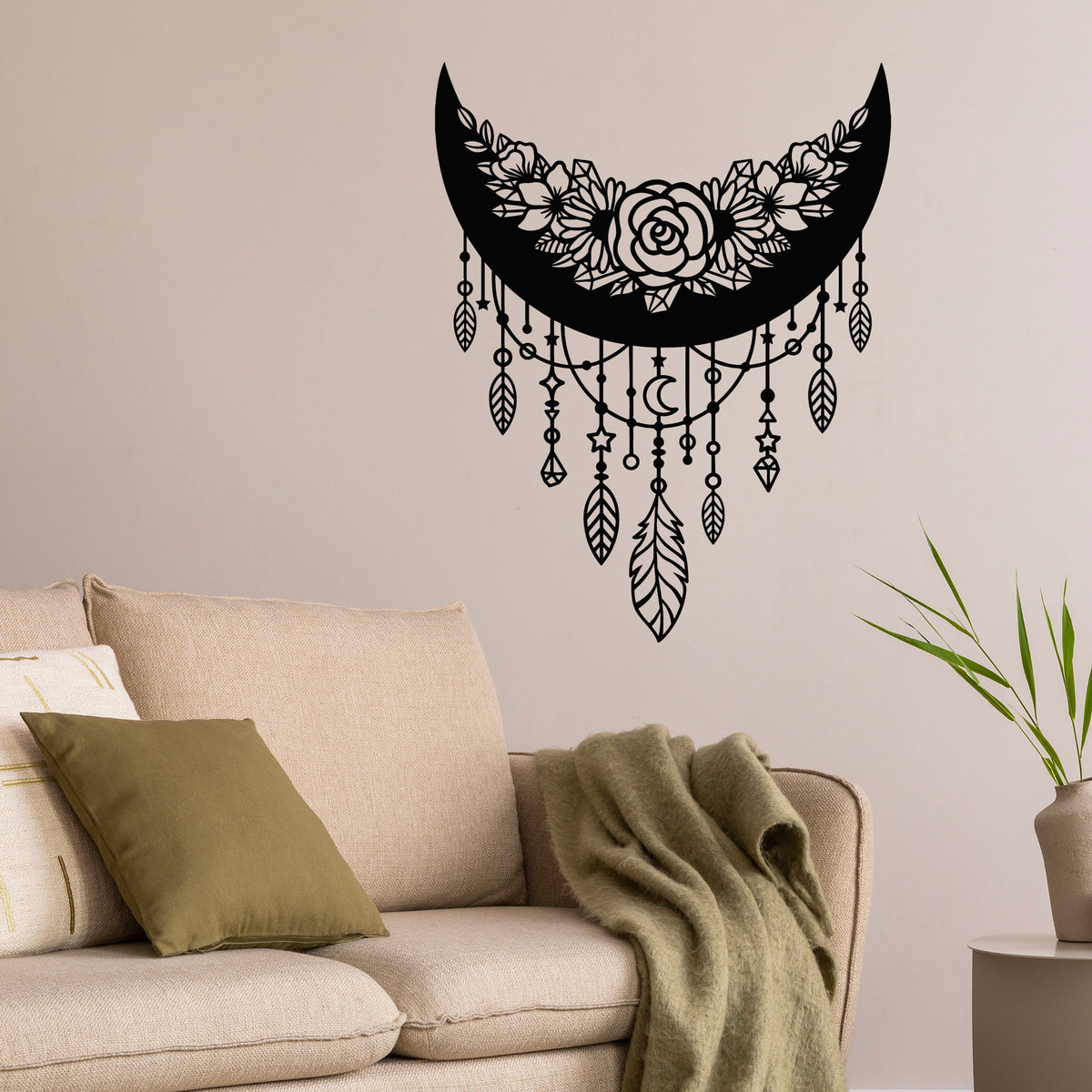 Vinyl Wall Decal Moon With Hand Drawn Floral Ornament Bedroom Decor St ...