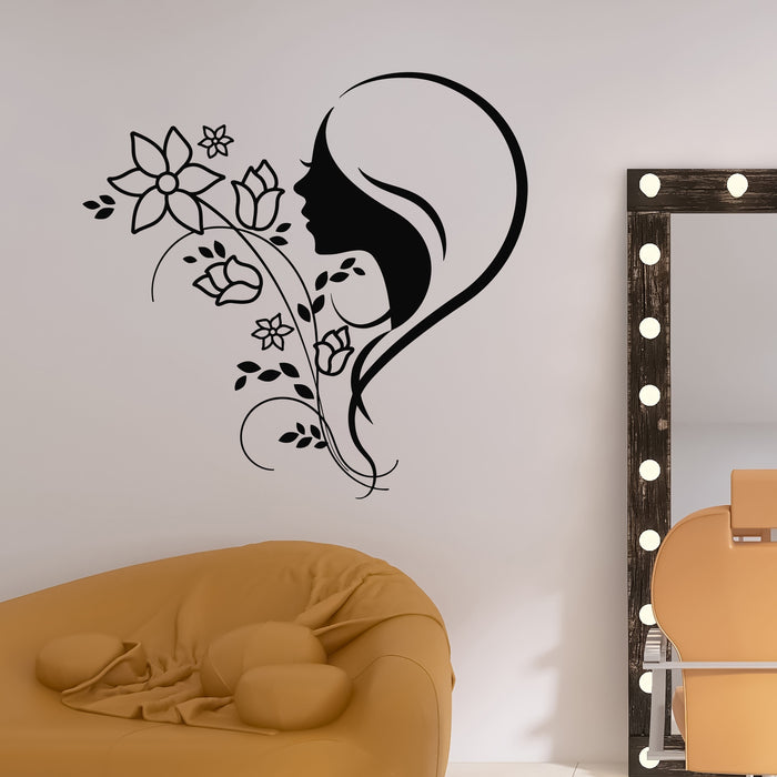 Vinyl Wall Decal Girl Face Silhouette Heart Floral Art Beauty Salon Stickers Mural (g9912)