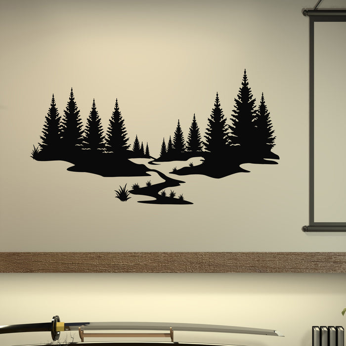 Vinyl Wall Decal Fir Trees Lake Forest Trees Landscape Forest Stickers Mural (L027)