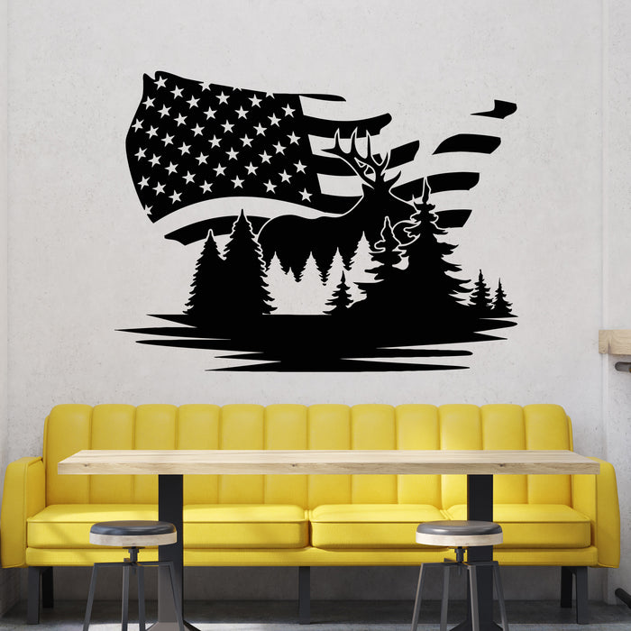 Vinyl Wall Decal American Flag Tree Hunting Hobby Deer Forest Stickers Mural (g9910)