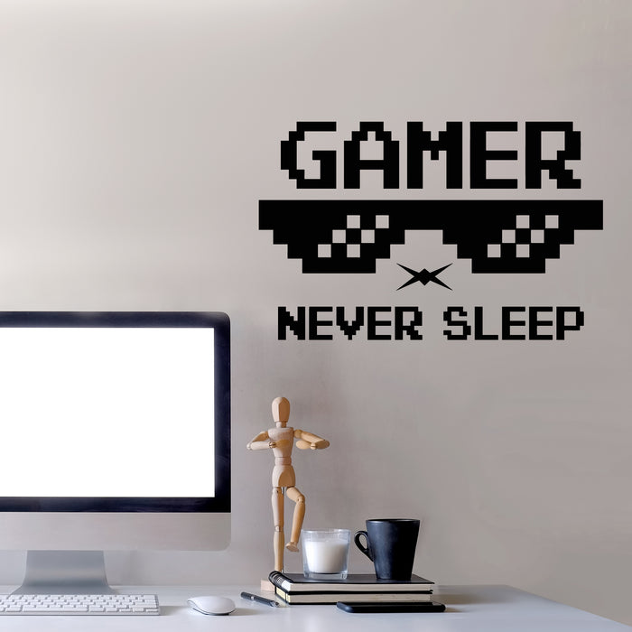 Vinyl Wall Decal Gamer Never Sleep Game Room Phrase Glasses Stickers Mural (g8788)