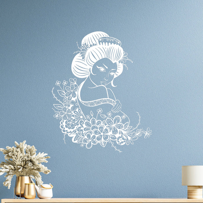 Vinyl Wall Decal Geisha Japan Japanese Flowers Asian Art Stickers Unique Gift (ig3516)